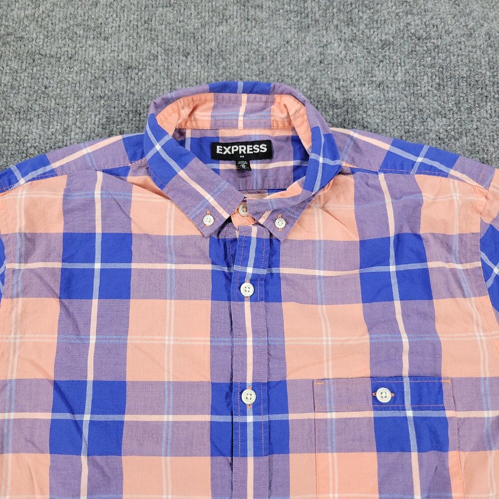 Express Button Shirt Men's Medium Blue Plaid Long Sleeve Single Pocket Adult M - Picture 2 of 16